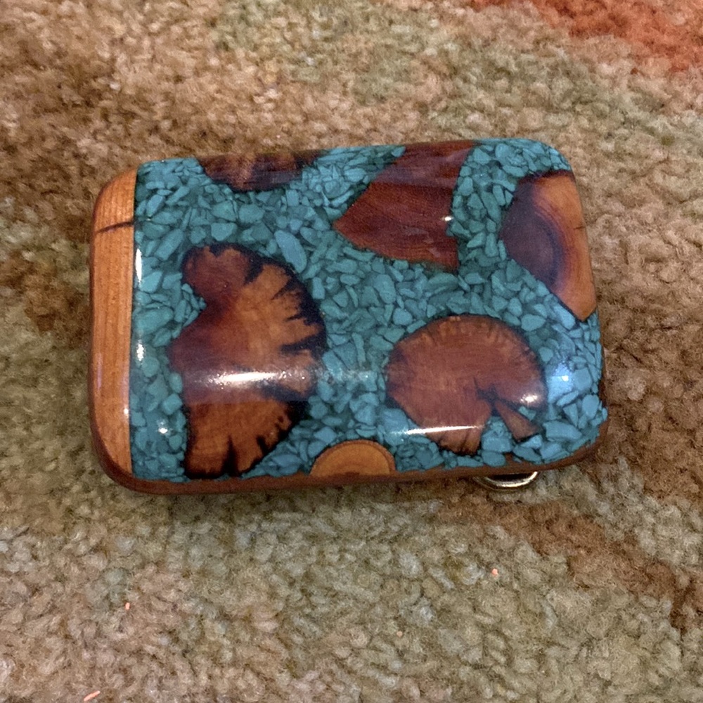 Turquoise and wooden belt buckle